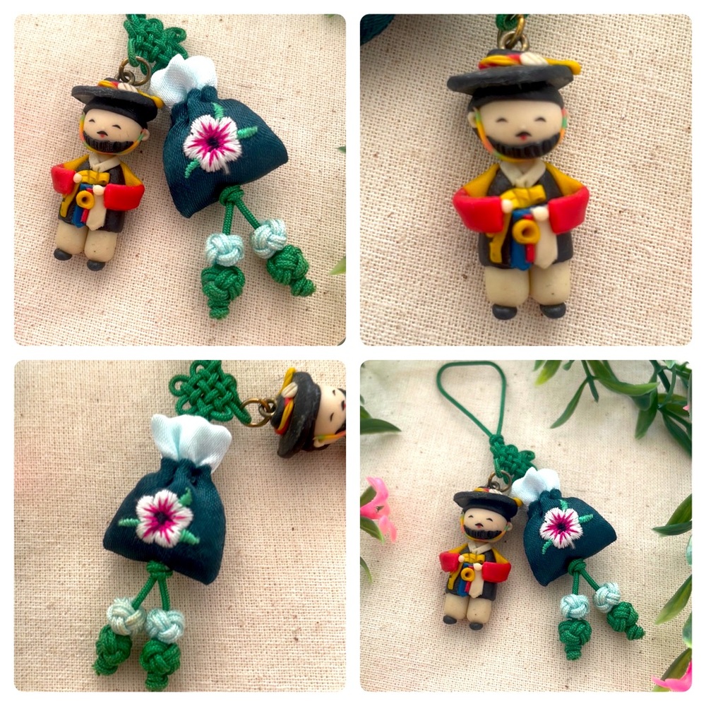 Traditional Korean Hanbok Man Keychain Purse Charm with Mini Pouch NEW